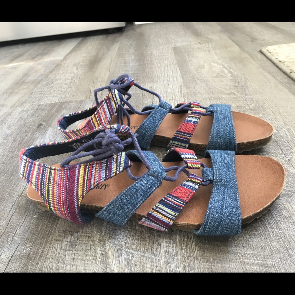 Minnetonka denim multi stripe lace up sandal 7